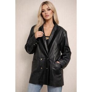 Vintage OMINT Leather Blazer Coat S Long Midi 90s Y2K Mob Wife Goth Black